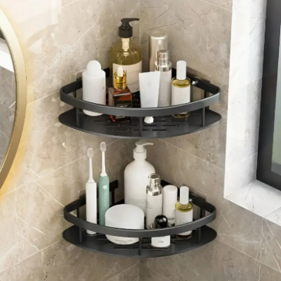 etagere-d-angle-lot de 2-aluminium-noir-rangement-mural-salle-de-bain-produits-de-beaute-cuisine-sans-percage
