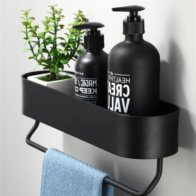 etagere-murale-metal-noire-aluminium-salle-de-bain-cuisine-impermeable-douche-porte-serviette-30 cm avec bar