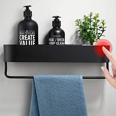 etagere-murale-metal-noire-aluminium-salle-de-bain-cuisine-impermeable-douche-porte-serviette-40 cm avec bar